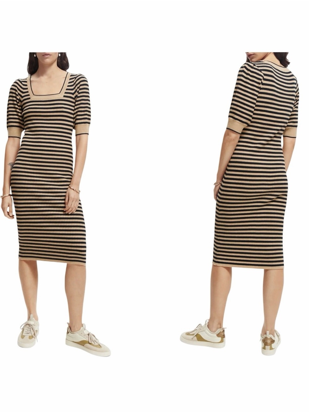 Scotch & Soda Striped Knit Midi Dress in Black and Cream XL